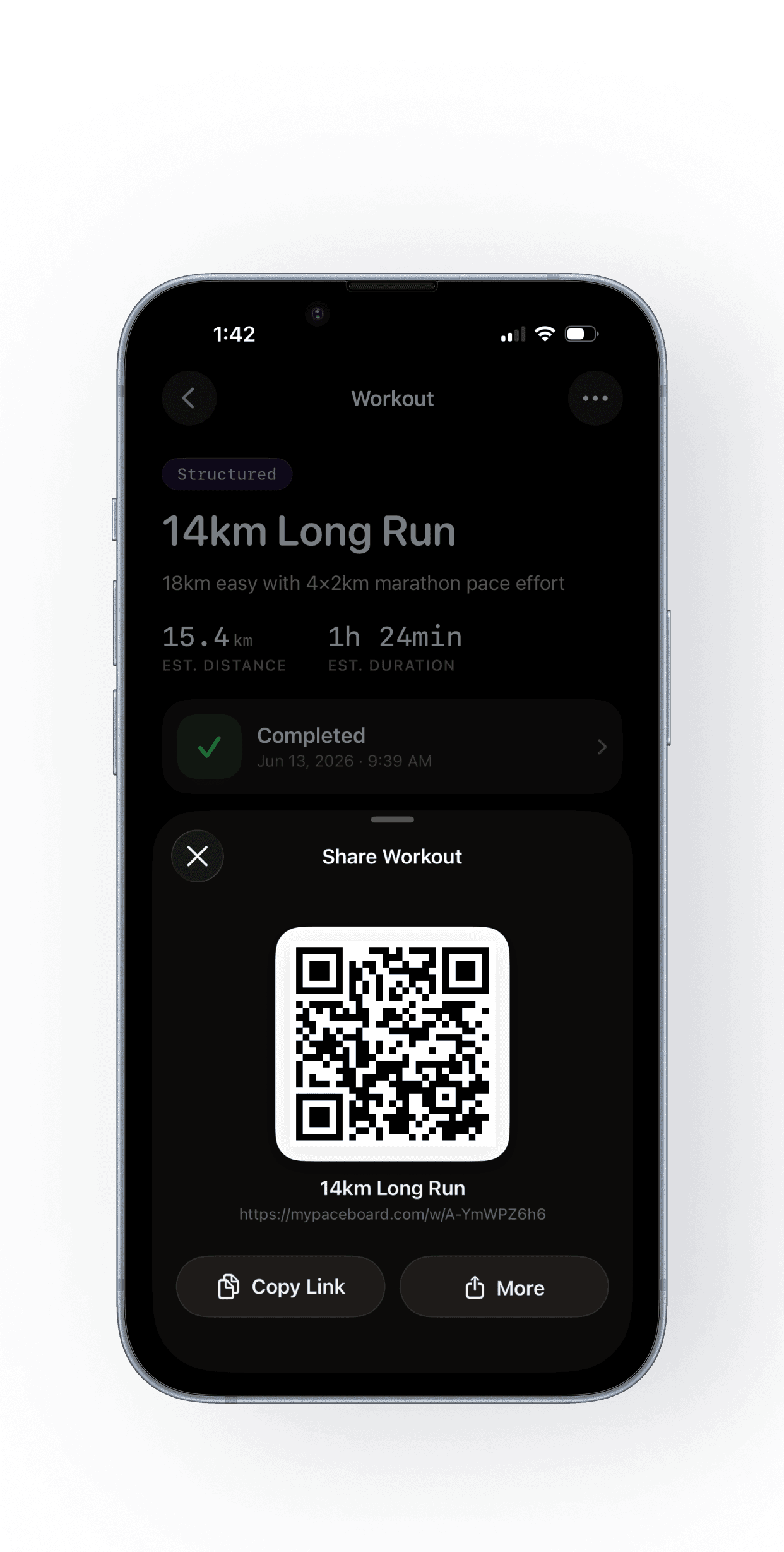 Paceboard share sheet showing a workout QR code and shareable link