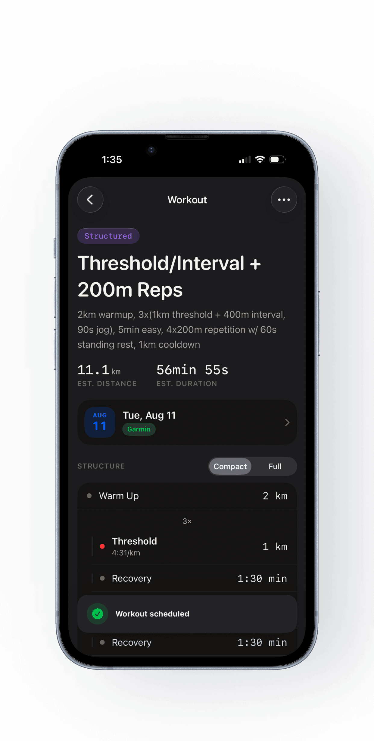 Paceboard workout detail showing structured threshold repeats scheduled and synced to Garmin