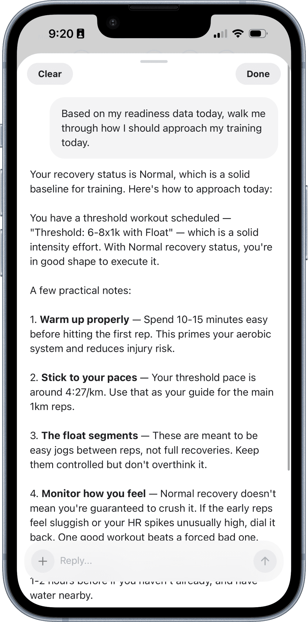Paceboard chat giving readiness-based coaching guidance for an interval session