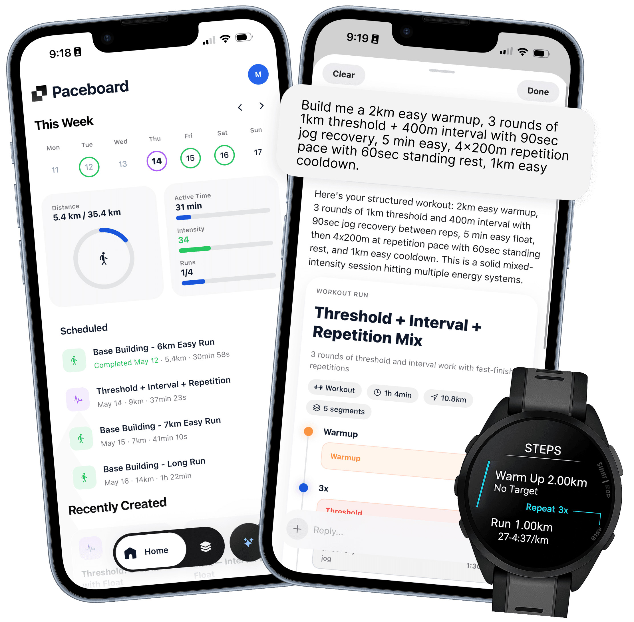Paceboard app showing scheduled runs and workout builder